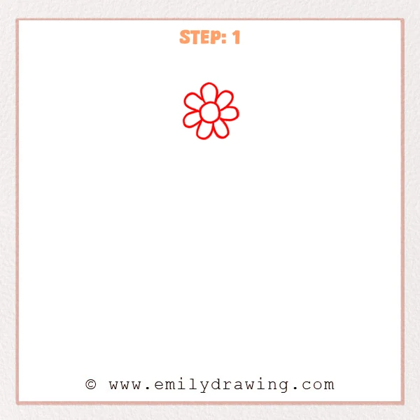 how to draw a flower vase - Step 1 of how to draw a flower vase: a simple flower head with a round center and rounded petals.